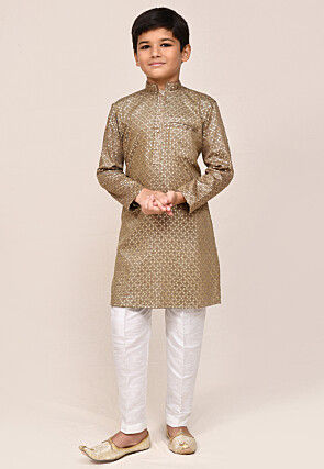 Embroidered Cotton Kurta Set in Brown