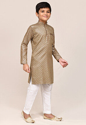 Embroidered Cotton Kurta Set in Brown