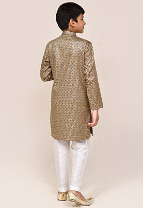 Embroidered Cotton Kurta Set in Brown
