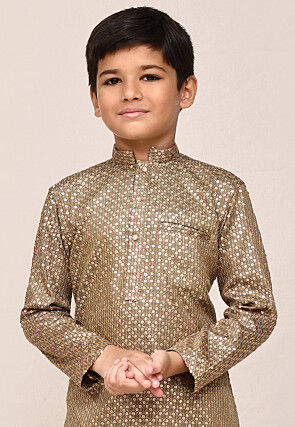 Embroidered Cotton Kurta Set in Brown