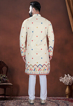 Embroidered Cotton Kurta Set in Cream