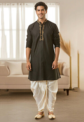 Embroidered Cotton Kurta Set in Dark Brown
