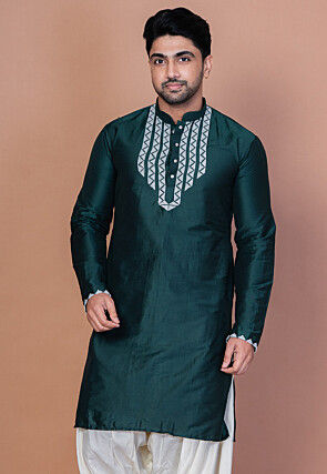Embroidered Cotton Kurta in Dark Green