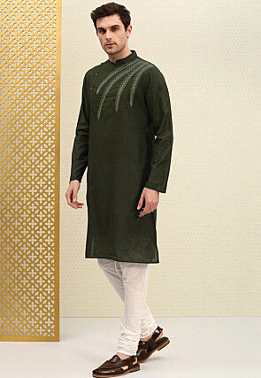 Embroidered Cotton Kurta Set in Dark Olive Green