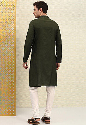 Embroidered Cotton Kurta Set in Dark Olive Green