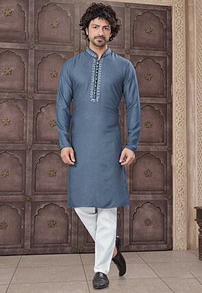 Embroidered Cotton Kurta Set in Grey