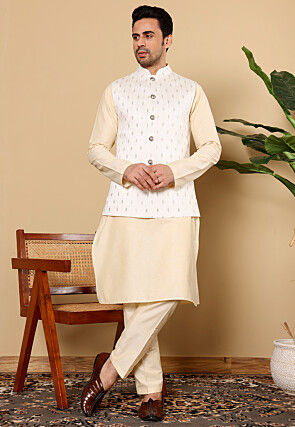 Embroidered Cotton Kurta Set in Light Beige and White