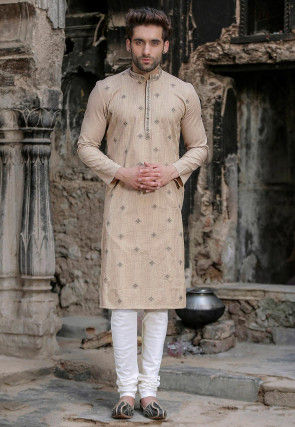 Woven Cotton Kurta Set in Beige and Blue : MMS1691