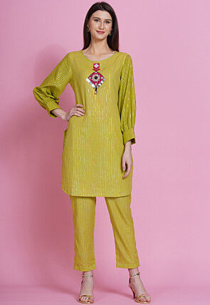 Embroidered Cotton Kurta Set in Light Olive Green