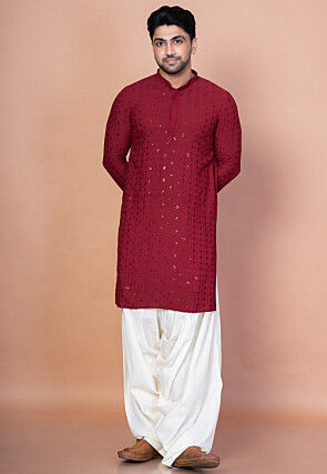 Embroidered Cotton Kurta Set in Maroon