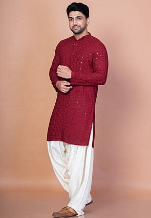 Embroidered Cotton Kurta Set in Maroon