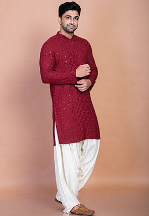 Embroidered Cotton Kurta Set in Maroon