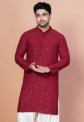 Embroidered Cotton Kurta in Maroon
