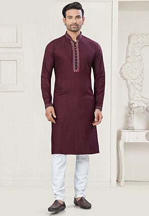 Embroidered Cotton Kurta Set in Maroon