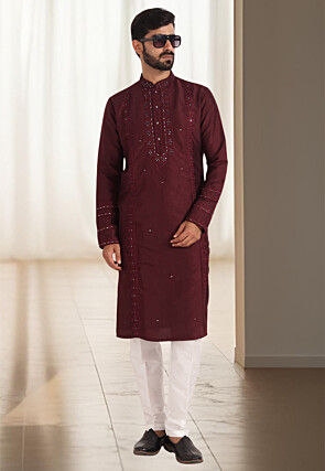 Embroidered Cotton Kurta Set in Maroon