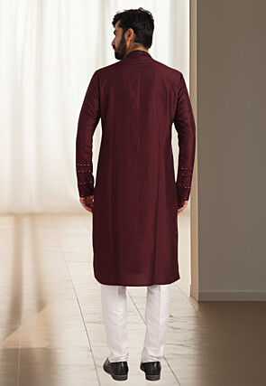 Embroidered Cotton Kurta Set in Maroon