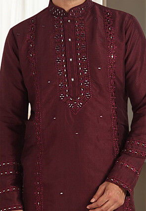 Embroidered Cotton Kurta Set in Maroon