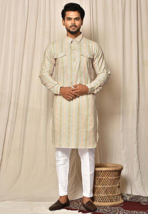 Embroidered Cotton Kurta Set in Multicolor
