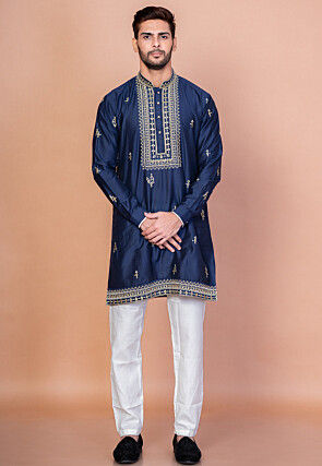 Embroidered Cotton Kurta Set in Navy Blue