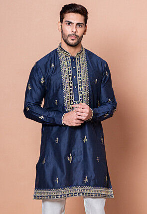 Embroidered Cotton Kurta in Navy Blue