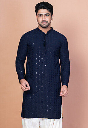 Embroidered Cotton Kurta in Navy Blue
