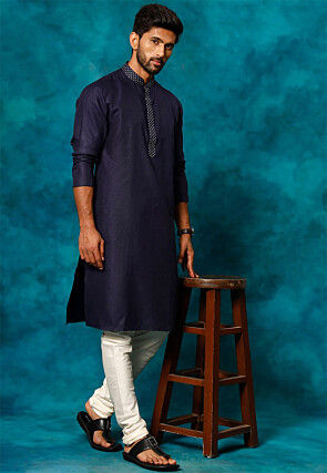 Embroidered Cotton Kurta Set in Navy Blue