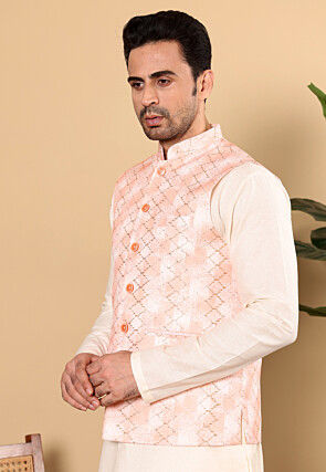 Embroidered Cotton Kurta Set in Off White and Peach