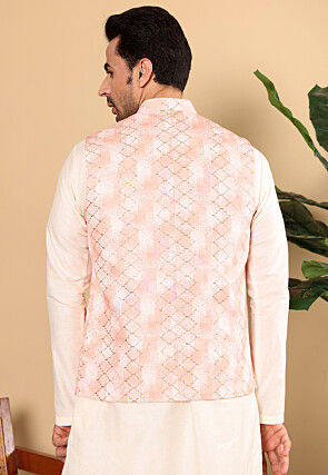 Embroidered Cotton Kurta Set in Off White and Peach