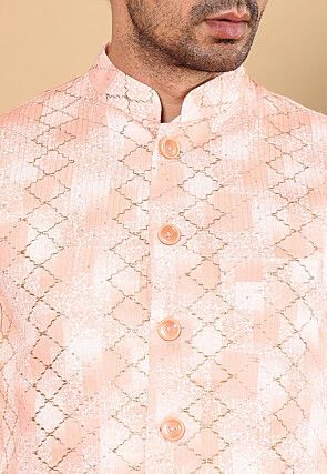 Embroidered Cotton Kurta Set in Off White and Peach
