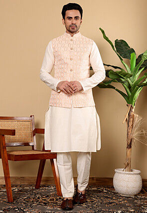 Embroidered Cotton Kurta Set in Off White and Peach