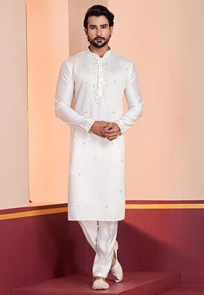 Embroidered Cotton Kurta Set in Off White