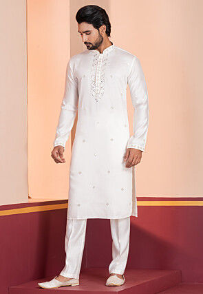 Embroidered Cotton Kurta Set in Off White