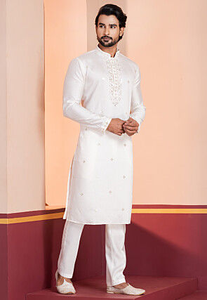 Embroidered Cotton Kurta Set in Off White