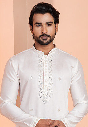 Embroidered Cotton Kurta Set in Off White