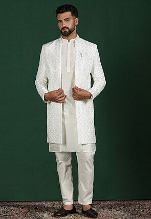 Embroidered Cotton Kurta Set in Off White