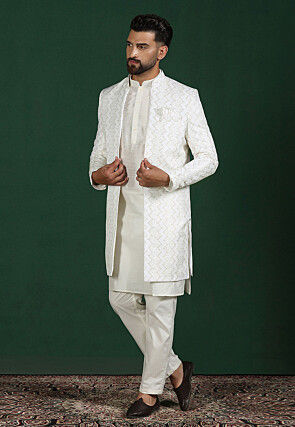Embroidered Cotton Kurta Set in Off White
