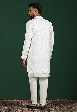 Embroidered Cotton Kurta Set in Off White