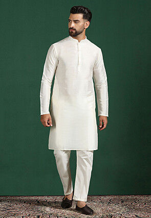 Embroidered Cotton Kurta Set in Off White