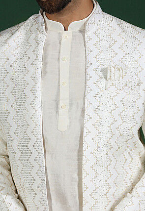 Embroidered Cotton Kurta Set in Off White