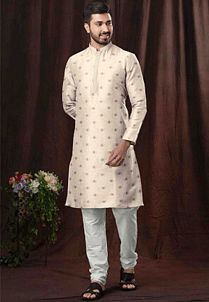 Embroidered Cotton Kurta Set in Off White