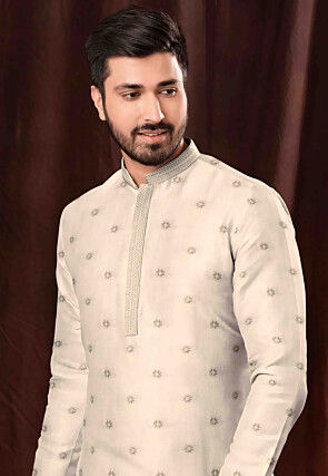 Embroidered Cotton Kurta Set in Off White