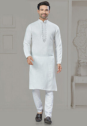 Embroidered Cotton Kurta Set in Off White