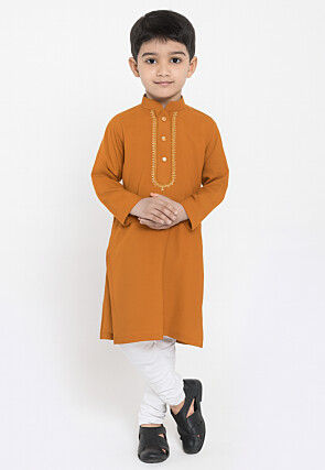 Embroidered Cotton Kurta Set in Orange