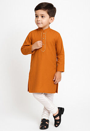 Embroidered Cotton Kurta Set in Orange