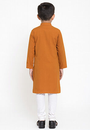 Embroidered Cotton Kurta Set in Orange