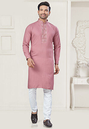 Embroidered Cotton Kurta Set in Pink