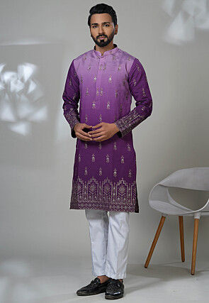 Embroidered Cotton Kurta Set in Purple Ombre