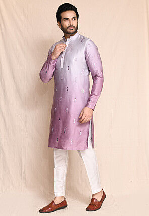 Embroidered Cotton Kurta Set in Purple Ombre