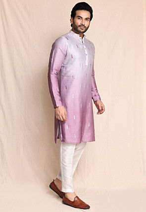 Embroidered Cotton Kurta Set in Purple Ombre