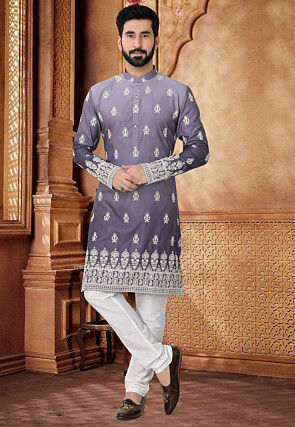 Embroidered Cotton Kurta Set in Purple Ombre
